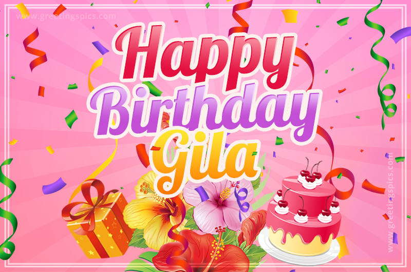 Beautiful Birthday Card for Gila with Cake and bouquet of flowers