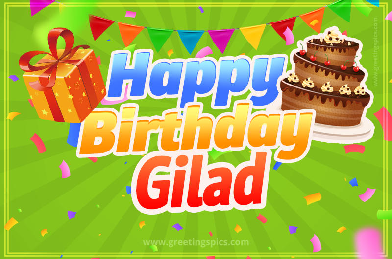 Happy Birthday Gilad picture with flags, chocolate cake and gift box