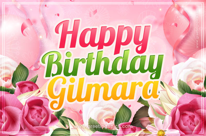 Image with gentle pink background and flowers Happy Birthday Gilmara