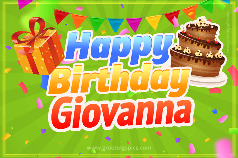 Happy Birthday Giovanna picture with flags, chocolate cake and gift box