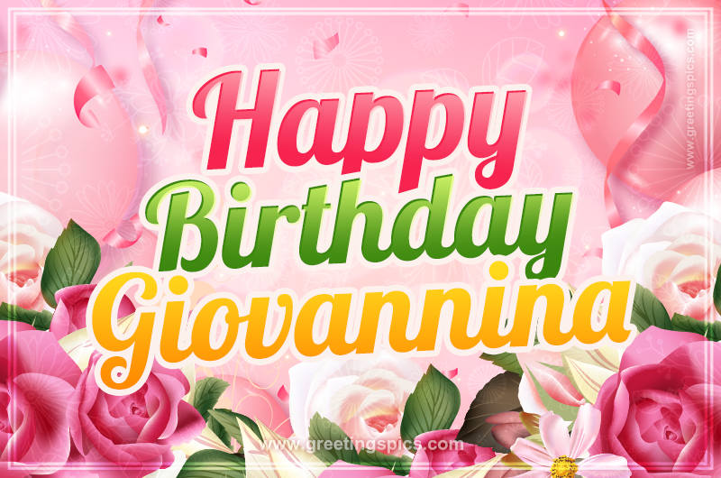 Image with gentle pink background and flowers Happy Birthday Giovannina