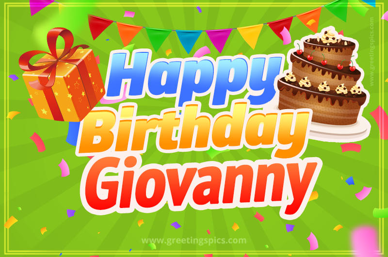 Happy Birthday Giovanny picture with flags, chocolate cake and gift box