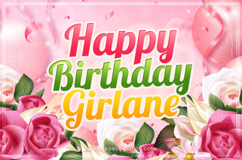 Image with gentle pink background and flowers Happy Birthday Girlane