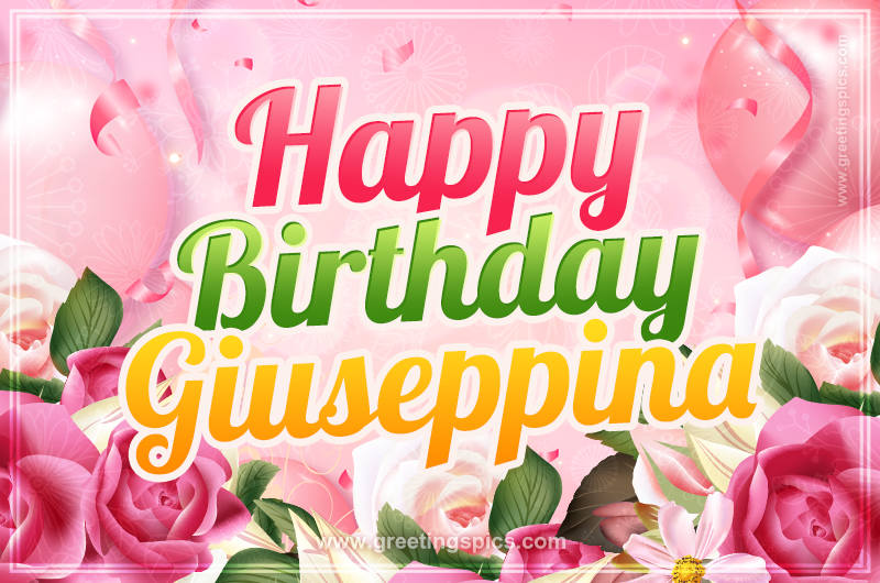 Image with gentle pink background and flowers Happy Birthday Giuseppina