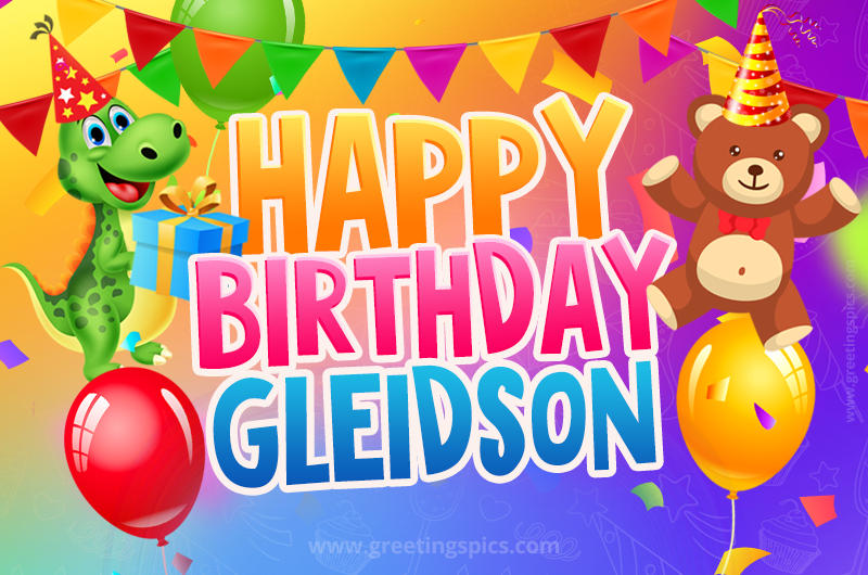 Happy Birthday Gleidson Image for a child with cute baby dinosaur and bear