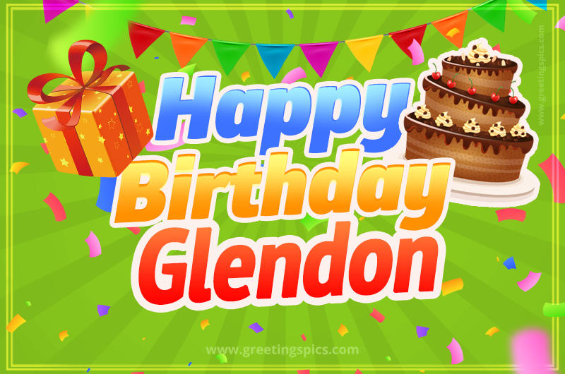 Happy Birthday Glendon picture with flags, chocolate cake and gift box