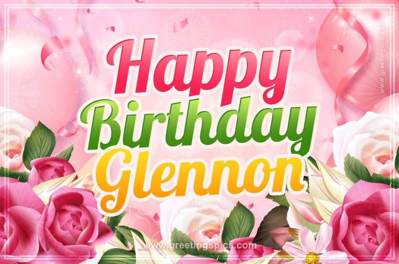 Image with gentle pink background and flowers Happy Birthday Glennon