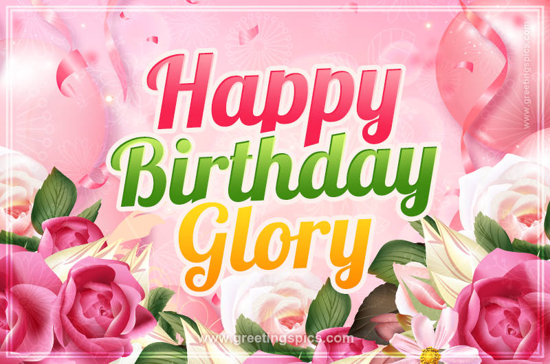 Image with gentle pink background and flowers Happy Birthday Glory