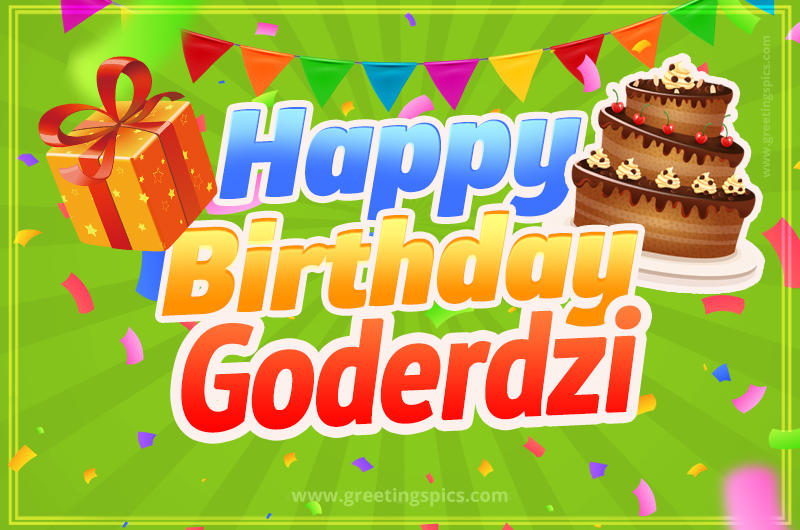 Happy Birthday Goderdzi picture with flags, chocolate cake and gift box