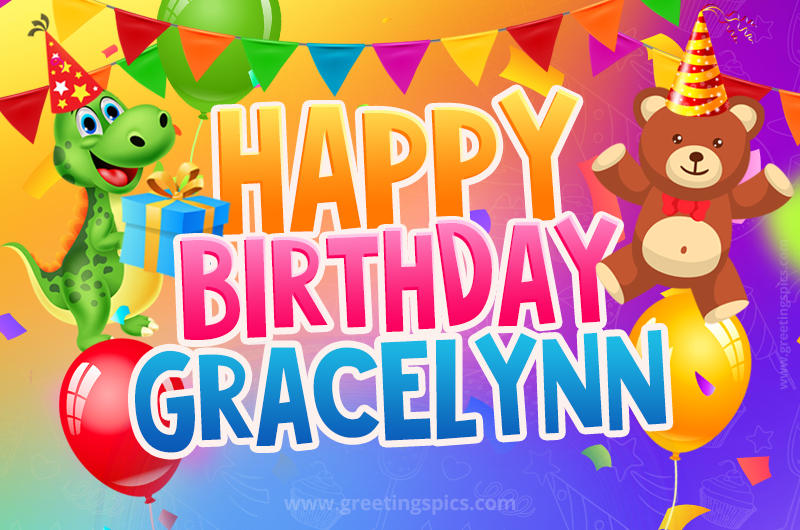 Happy Birthday Gracelynn Image for a child with cute dinosaur and bear