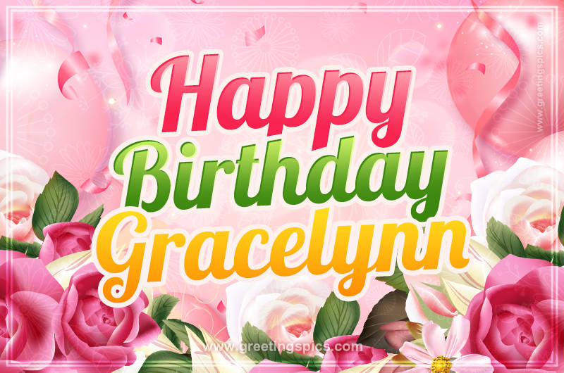 Image with gentle pink background and flowers Happy Birthday Gracelynn