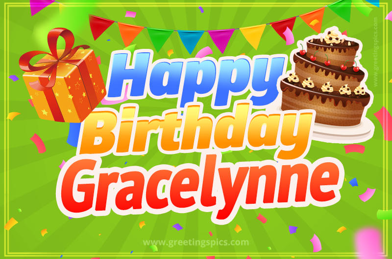 Happy Birthday Gracelynne picture with flags, chocolate cake and gift box