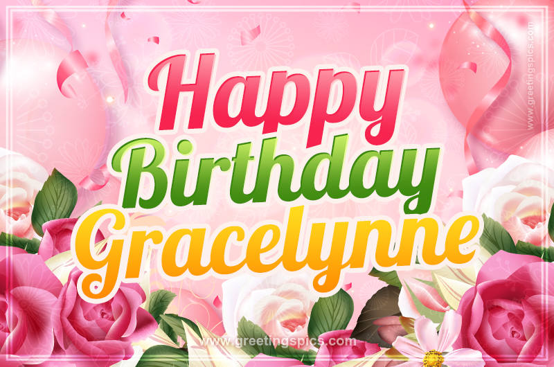 Image with gentle pink background and flowers Happy Birthday Gracelynne