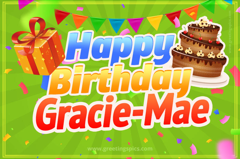 Happy Birthday Gracie-Mae picture with flags, chocolate cake and gift box