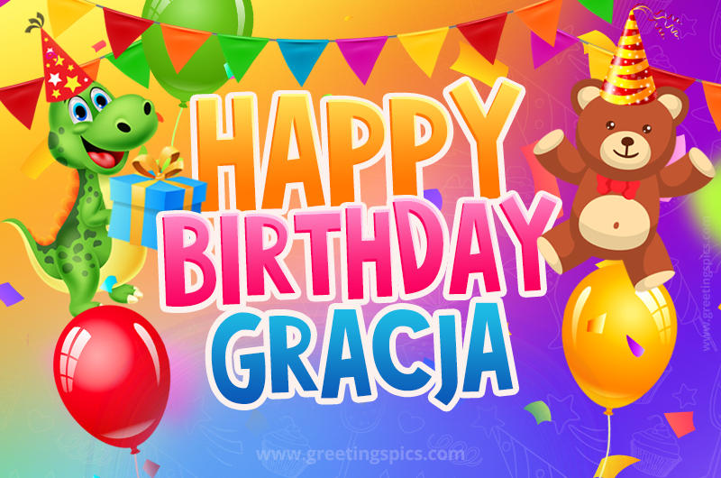 Happy Birthday Gracja Image for a child with cute dinosaur and bear