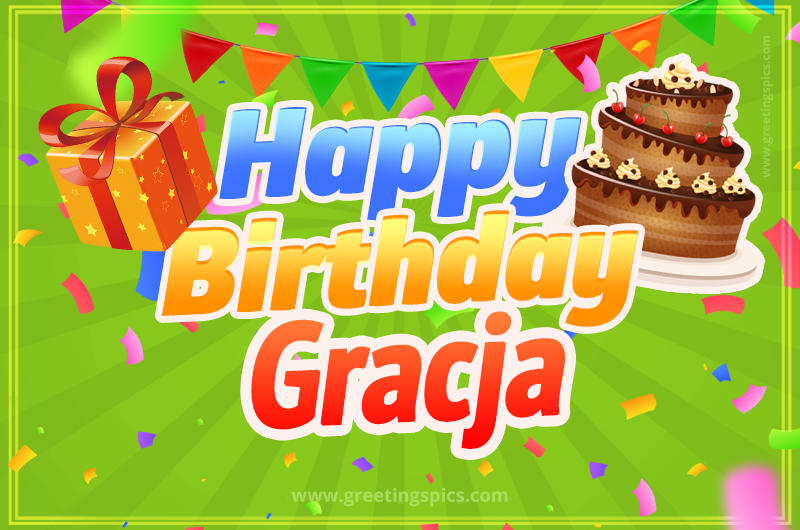 Happy Birthday Gracja picture with flags, chocolate cake and gift box