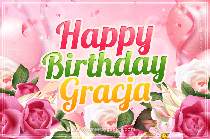 Image with gentle pink background and flowers Happy Birthday Gracja