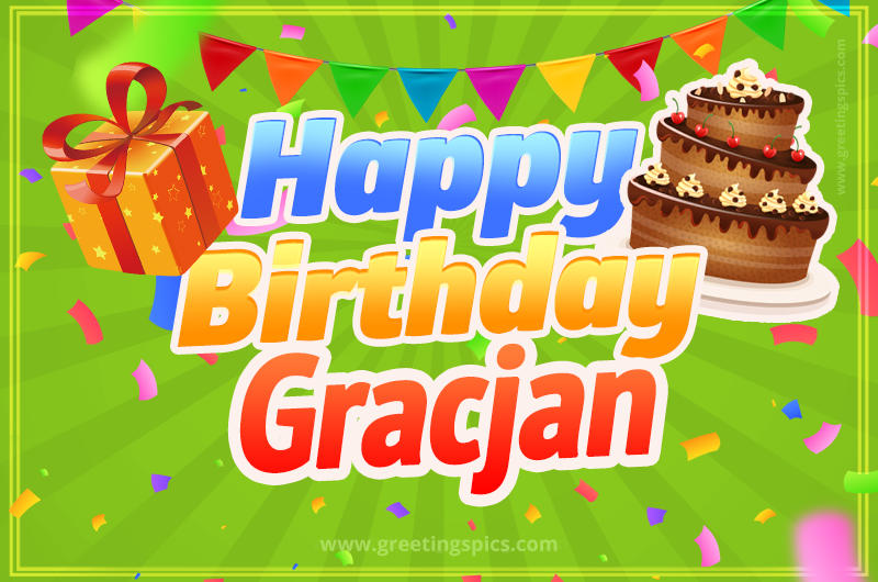 Happy Birthday Gracjan picture with flags, chocolate cake and gift box