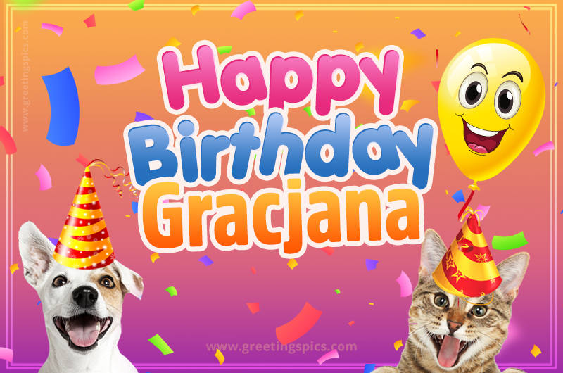 Happy Birthday Gracjana Funny Image with cat and dog