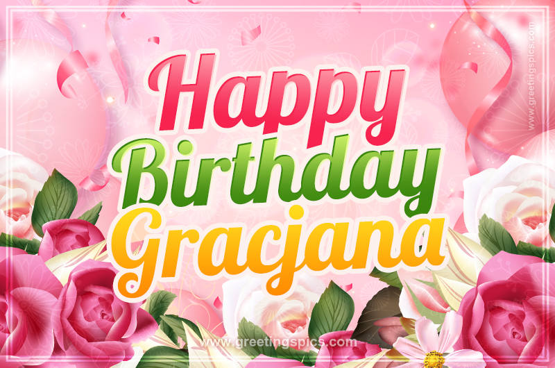 Image with gentle pink background and flowers Happy Birthday Gracjana