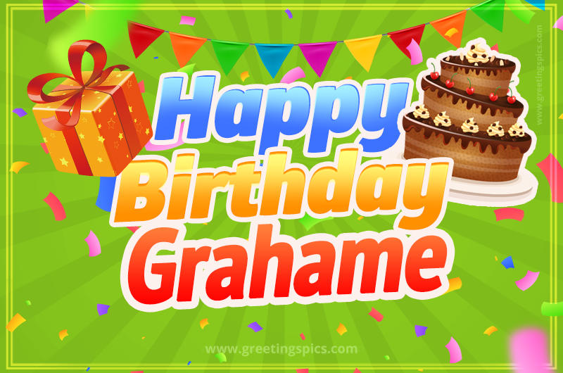 Happy Birthday Grahame picture with flags, chocolate cake and gift box