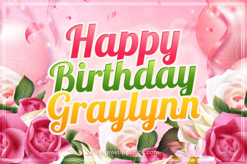 Image with gentle pink background and flowers Happy Birthday Graylynn