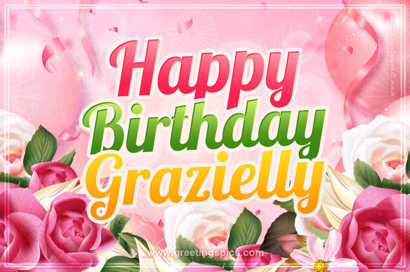 Image with gentle pink background and flowers Happy Birthday Grazielly