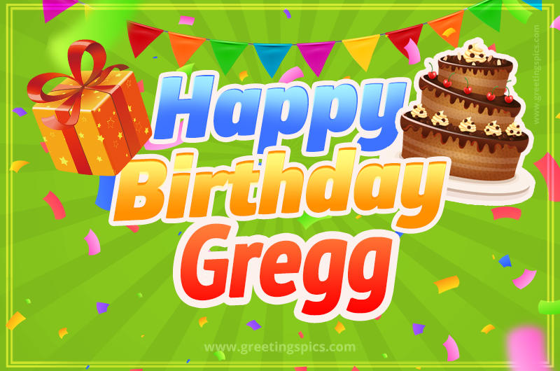 Happy Birthday Gregg picture with flags, chocolate cake and gift box