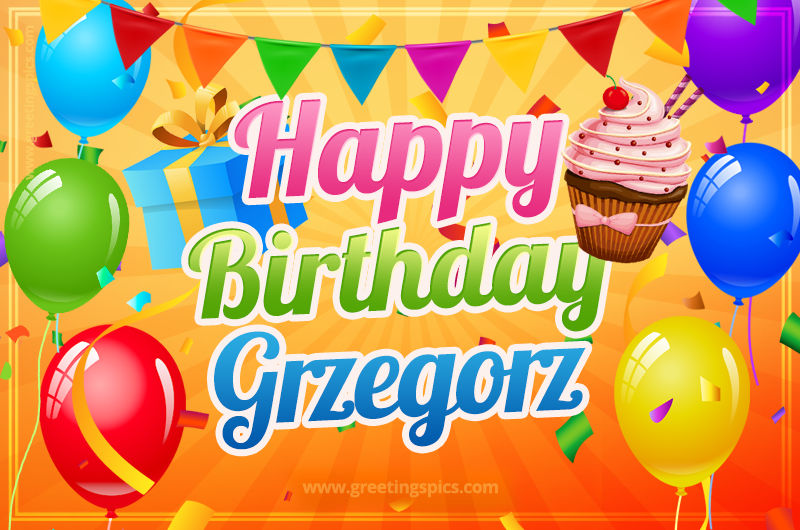 Happy Birthday Grzegorz eCard with gift box and cupcake