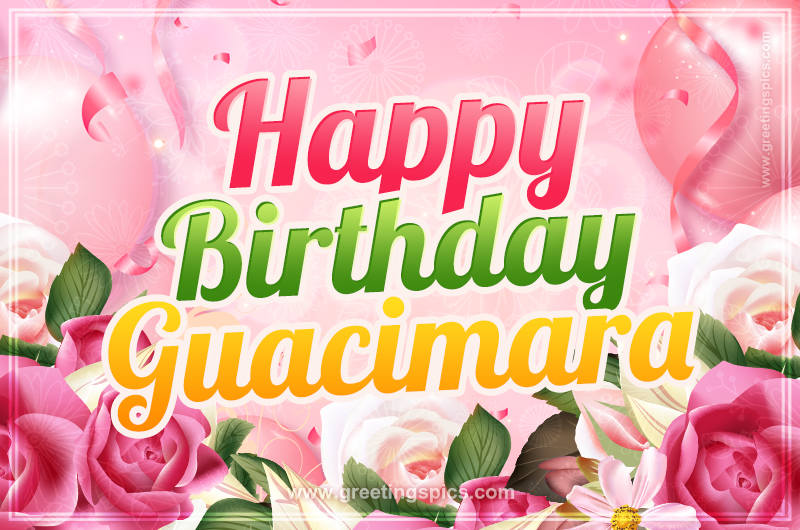 Image with gentle pink background and flowers Happy Birthday Guacimara