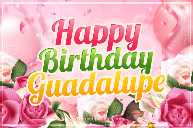 Image with gentle pink background and flowers Happy Birthday Guadalupe