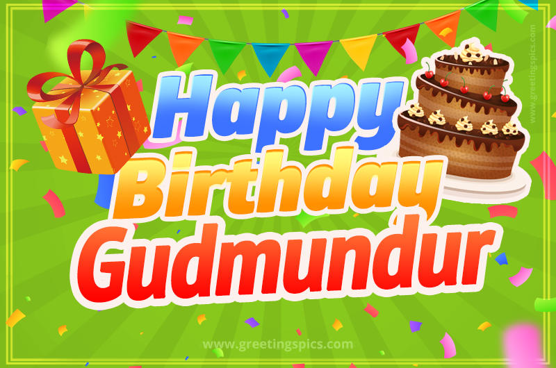 Happy Birthday Gudmundur picture with flags, chocolate cake and gift box