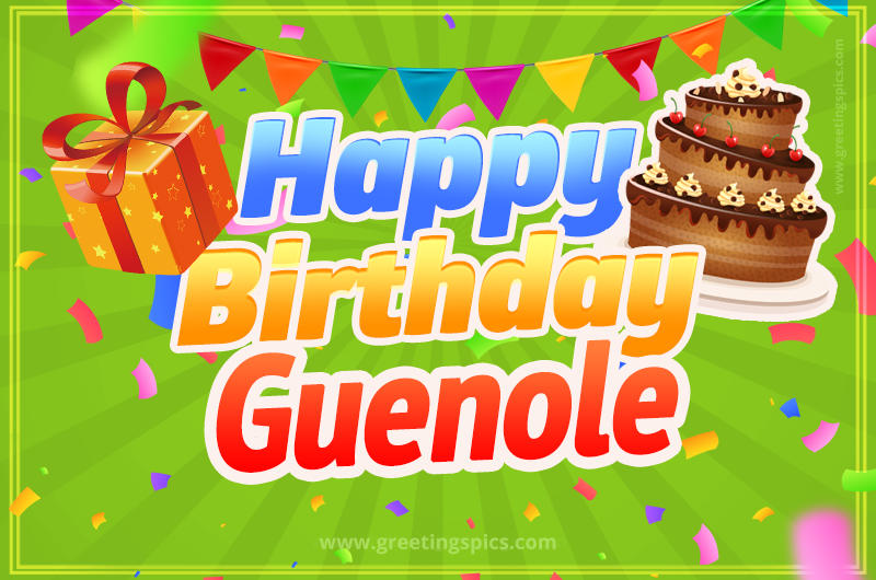 Happy Birthday Guenole picture with flags, chocolate cake and gift box