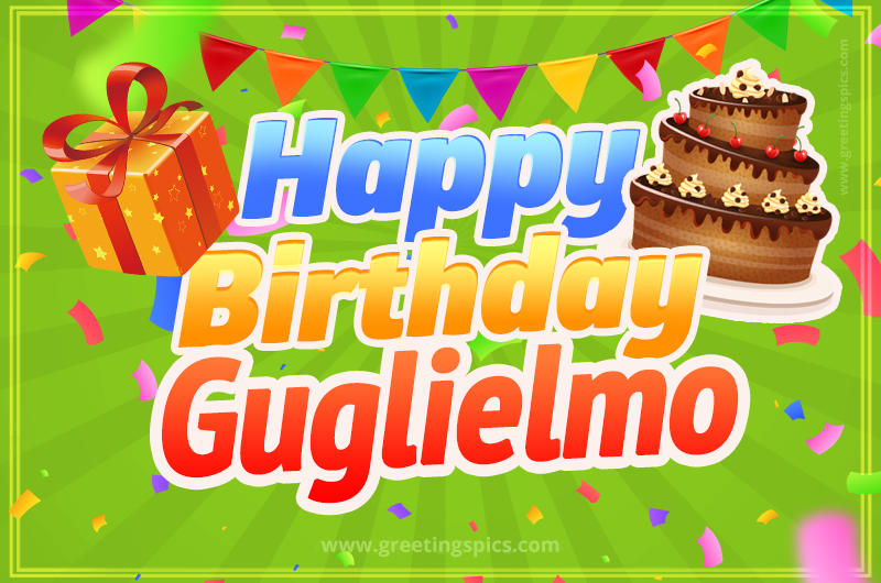 Happy Birthday Guglielmo picture with flags, chocolate cake and gift box