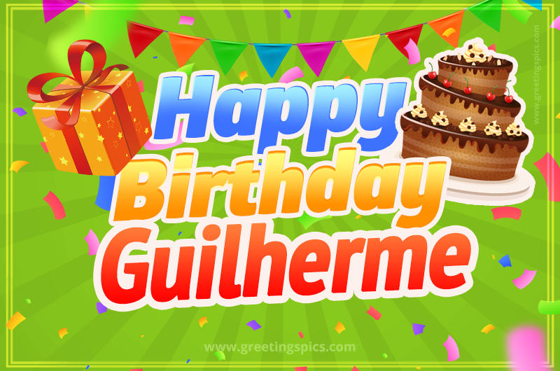 Happy Birthday Guilherme picture with flags, chocolate cake and gift box