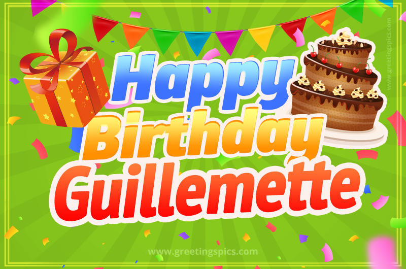 Happy Birthday Guillemette picture with flags, chocolate cake and gift box