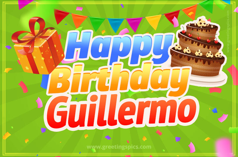 Happy Birthday Guillermo picture with flags, chocolate cake and gift box