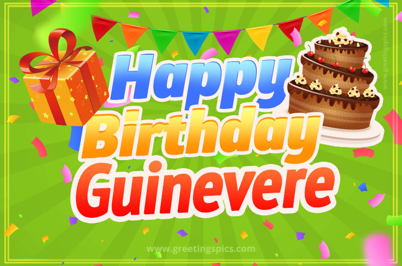 Happy Birthday Guinevere picture with flags, chocolate cake and gift box