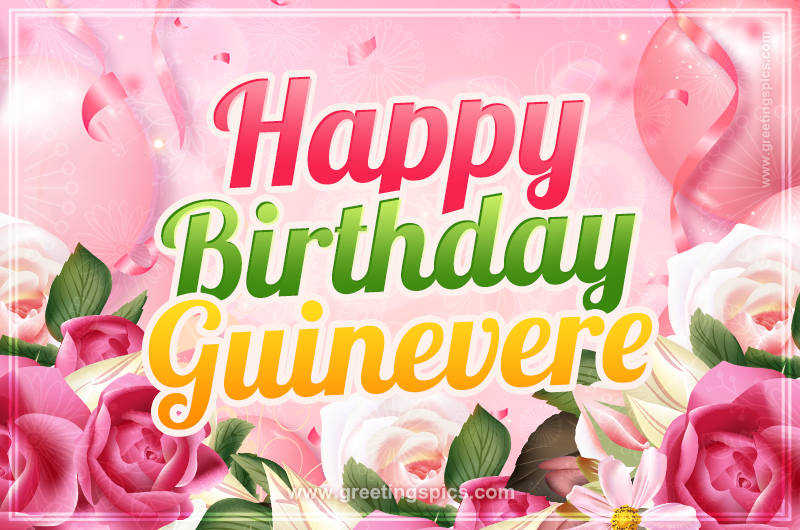 Image with gentle pink background and flowers Happy Birthday Guinevere