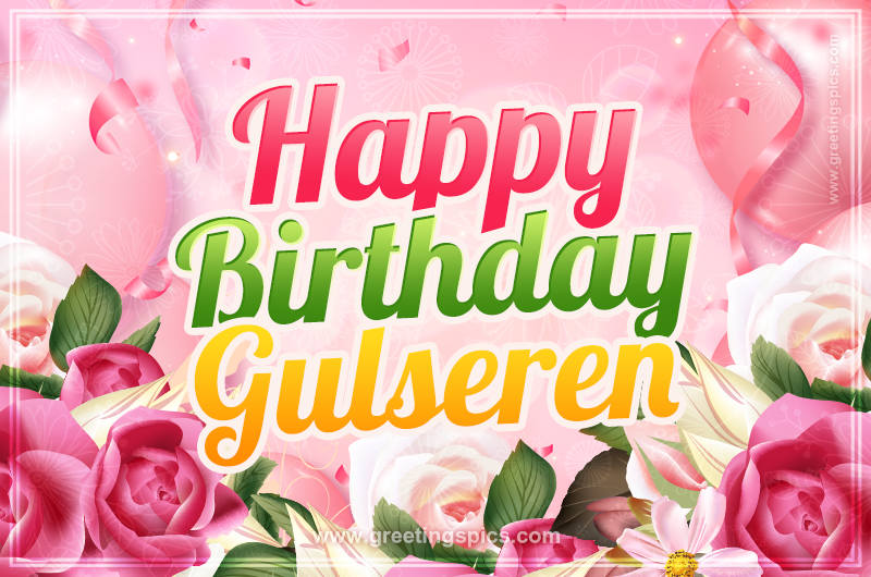 Image with gentle pink background and flowers Happy Birthday Gulseren