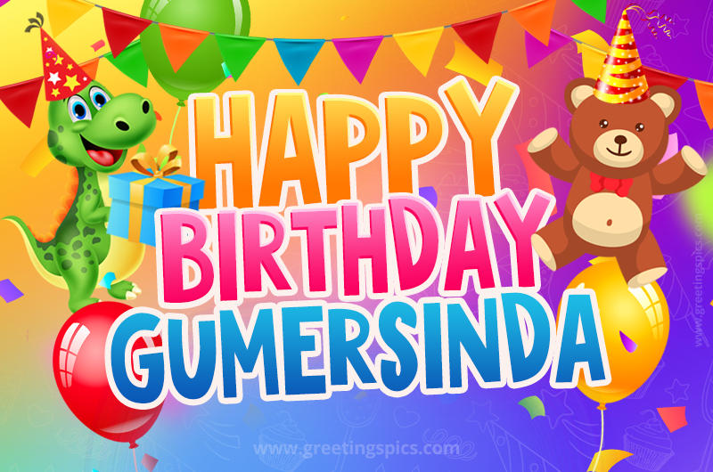 Happy Birthday Gumersinda Image for a child with cute dinosaur and bear