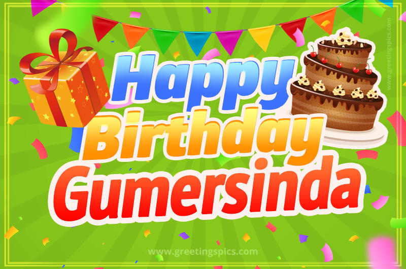 Happy Birthday Gumersinda picture with flags, chocolate cake and gift box