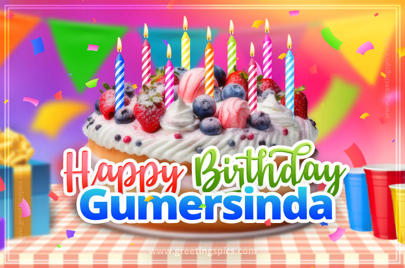 Happy Birthday Gumersinda Colorful Image with fruit cake and candles