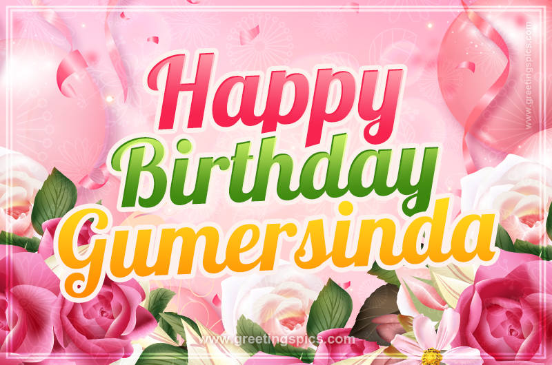 Image with gentle pink background and flowers Happy Birthday Gumersinda