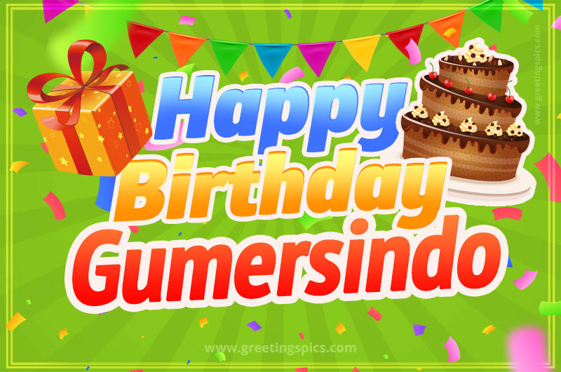 Happy Birthday Gumersindo picture with flags, chocolate cake and gift box