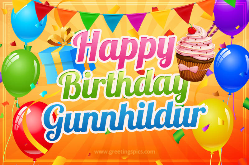 Happy Birthday Gunnhildur eCard with gift box and cupcake