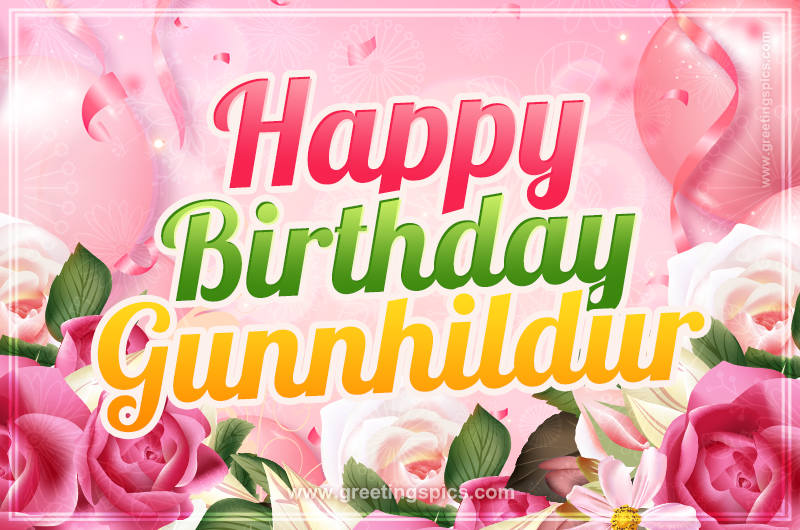 Image with gentle pink background and flowers Happy Birthday Gunnhildur