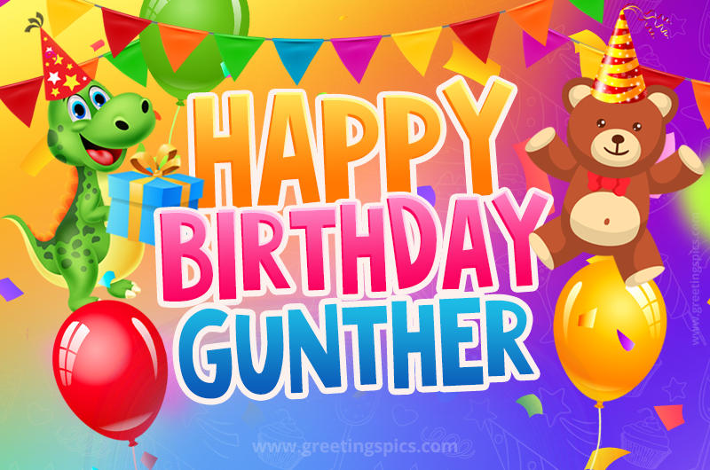 Happy Birthday Gunther Image for a child with cute baby dinosaur and bear