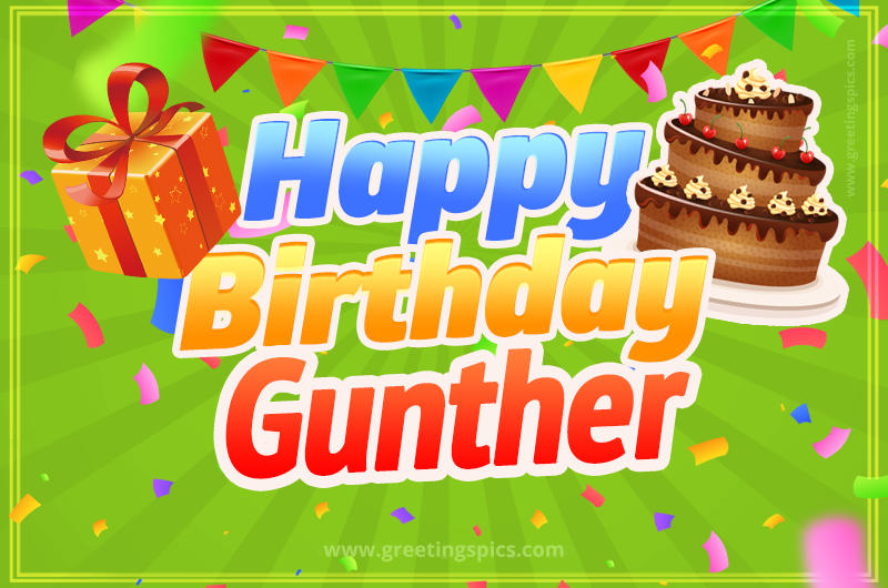 Happy Birthday Gunther picture with flags, chocolate cake and gift box