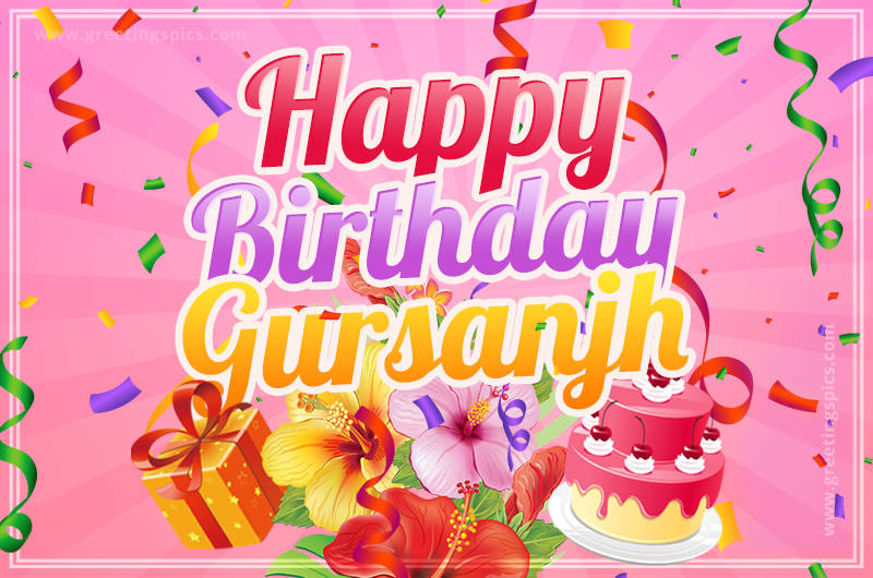 Beautiful Birthday Card for Gursanjh with Cake and bouquet of flowers